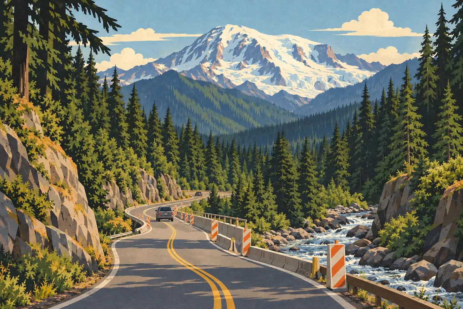 Mountain road under construction beside a rocky river, winding through fir trees toward snow-covered Mount Rainier