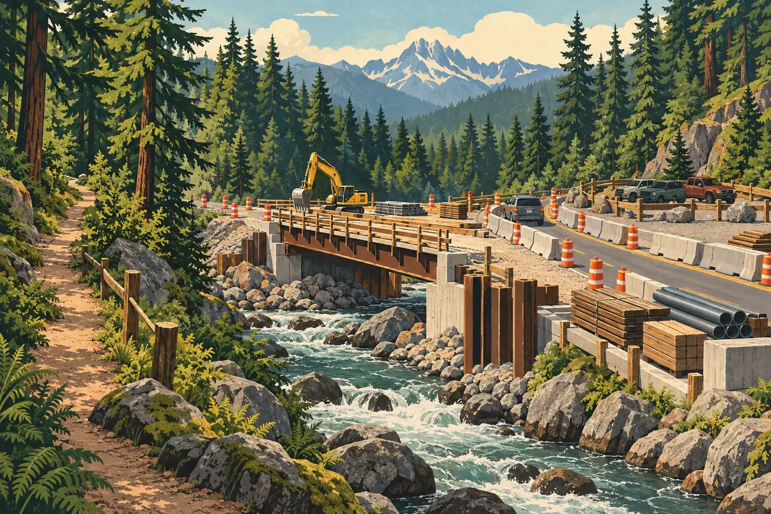 Bridge construction over a forest stream, with an excavator, traffic cones, concrete barriers, cars and snowy mountains beyond