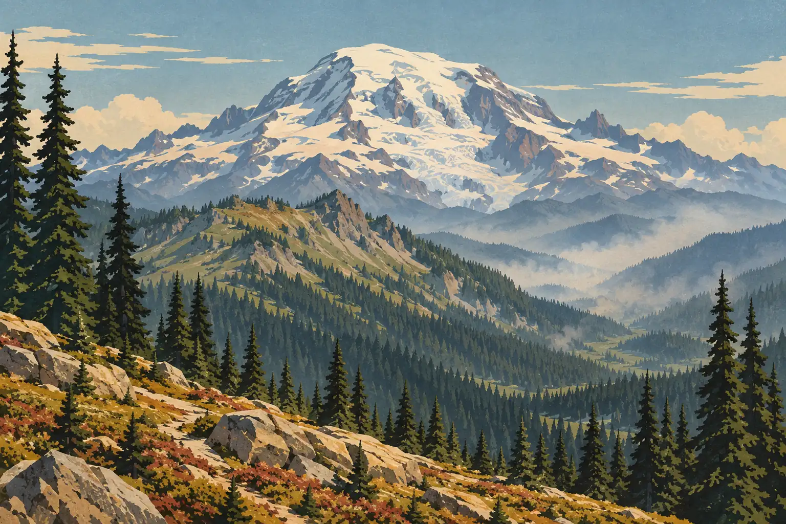 Le mont Rainier enneigé domine des crêtes boisées, une vallée brumeuse et un versant rocheux parsemé de conifères
