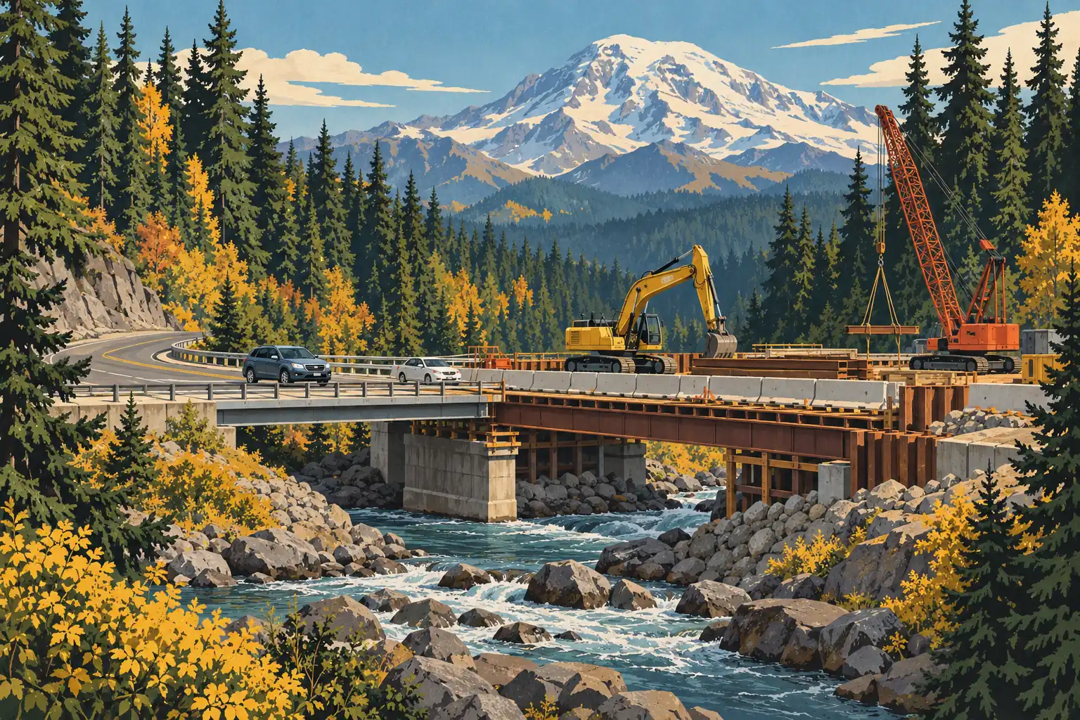 Bridge construction over a rushing creek, with cars, an excavator and a crane beneath snow-covered Mount Rainier