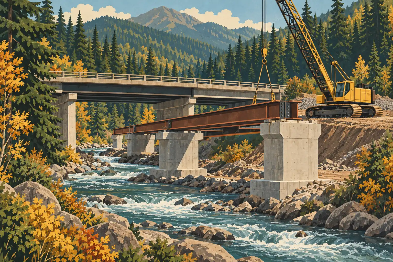 A yellow crane lowers steel beams onto bridge piers above a rocky river, surrounded by evergreens and autumn foliage
