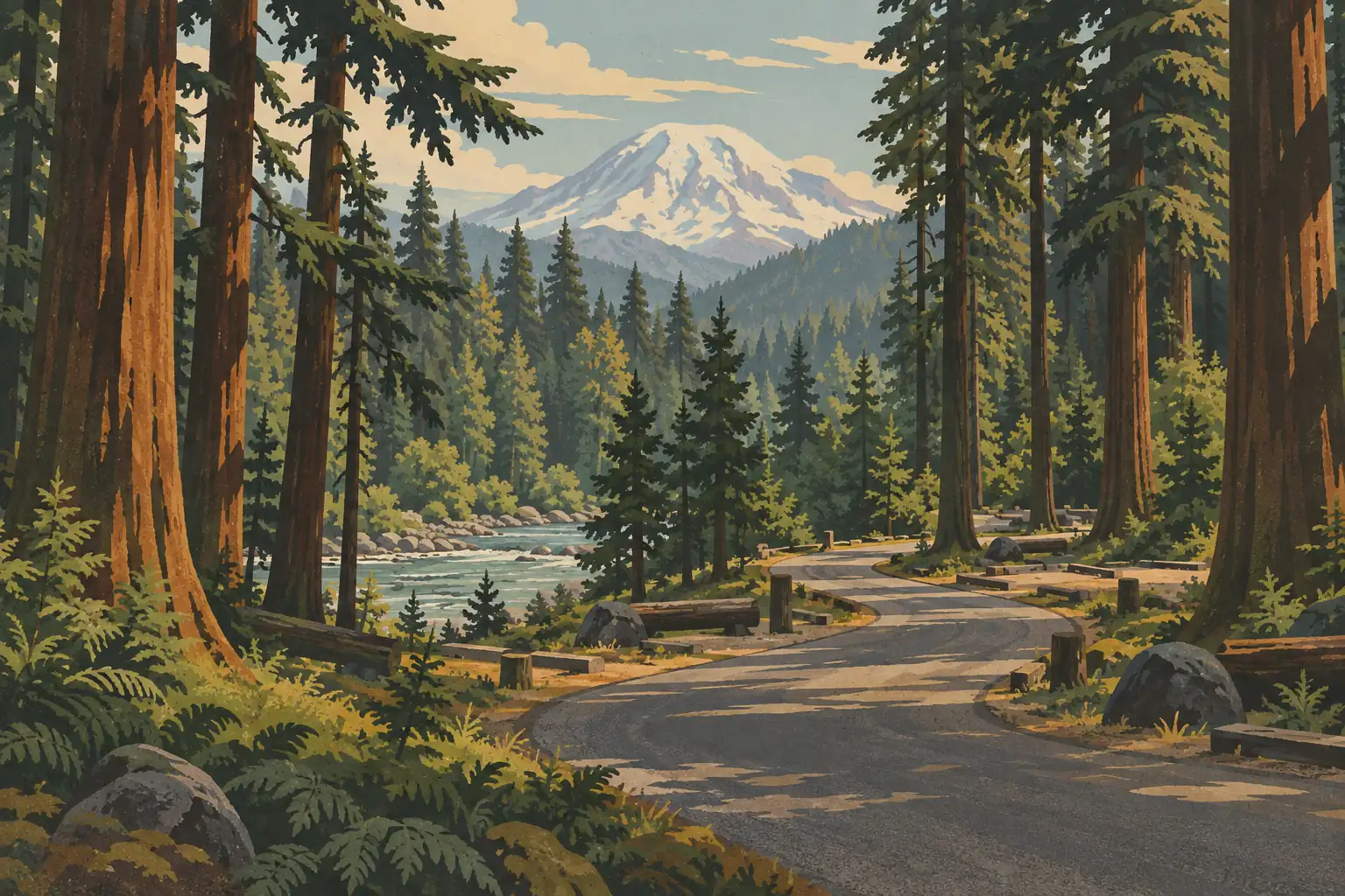 A winding road through towering conifers beside a rocky river, with snow-covered Mount Rainier rising in the distance