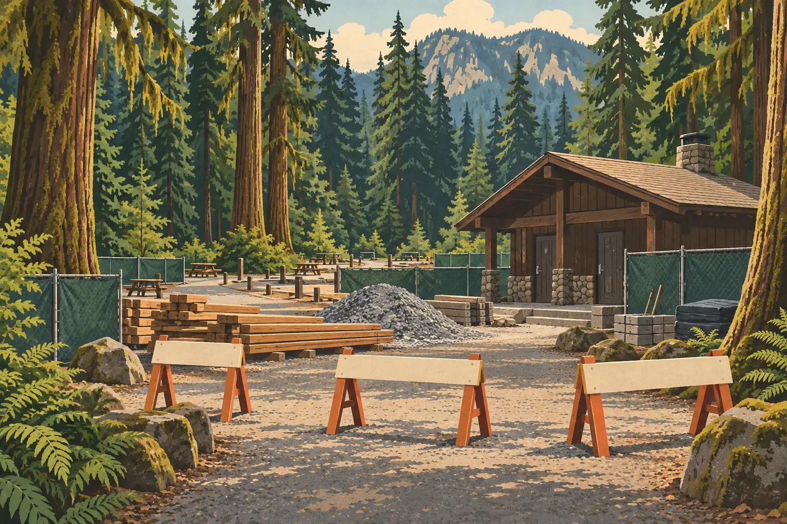 Fenced construction site in a conifer forest, with barriers, stacked lumber, gravel and a wooden building beneath mountains