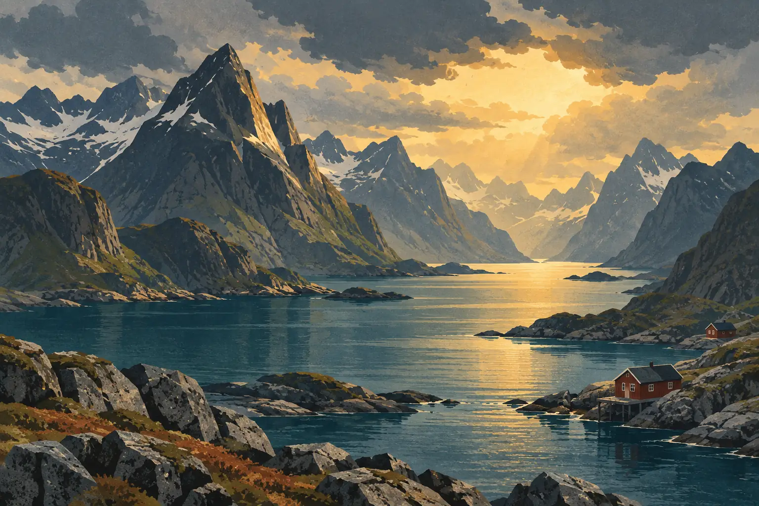 Fjord surrounded by snow-capped peaks beneath cloudy skies, with two red cabins beside the golden water