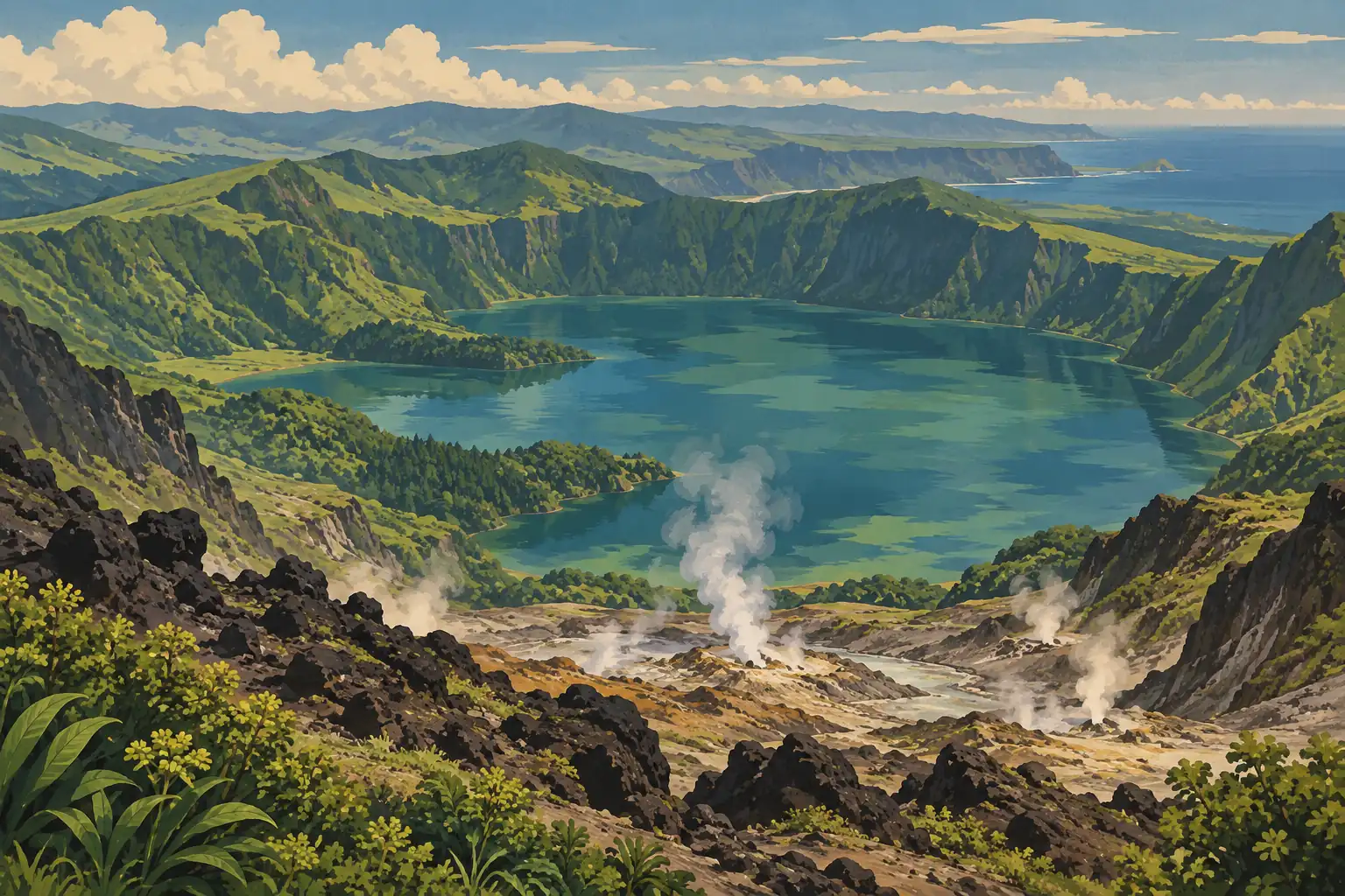 Turquoise lake in a vast green caldera, with volcanic rocks, steaming vents, mountains, and the ocean in the distance