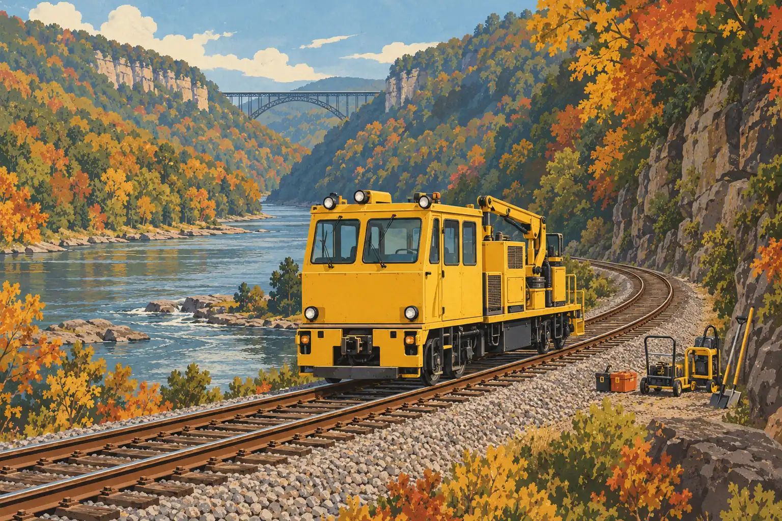 Véhicule ferroviaire jaune sur une voie longeant une rivière, entre falaises boisées aux couleurs d’automne et pont lointain