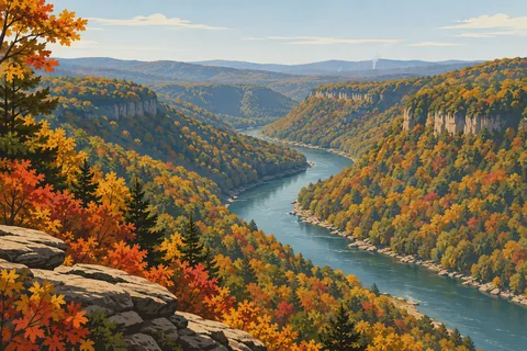 Wide river winding through a forested gorge in autumn colors, bordered by rocky cliffs and distant hills