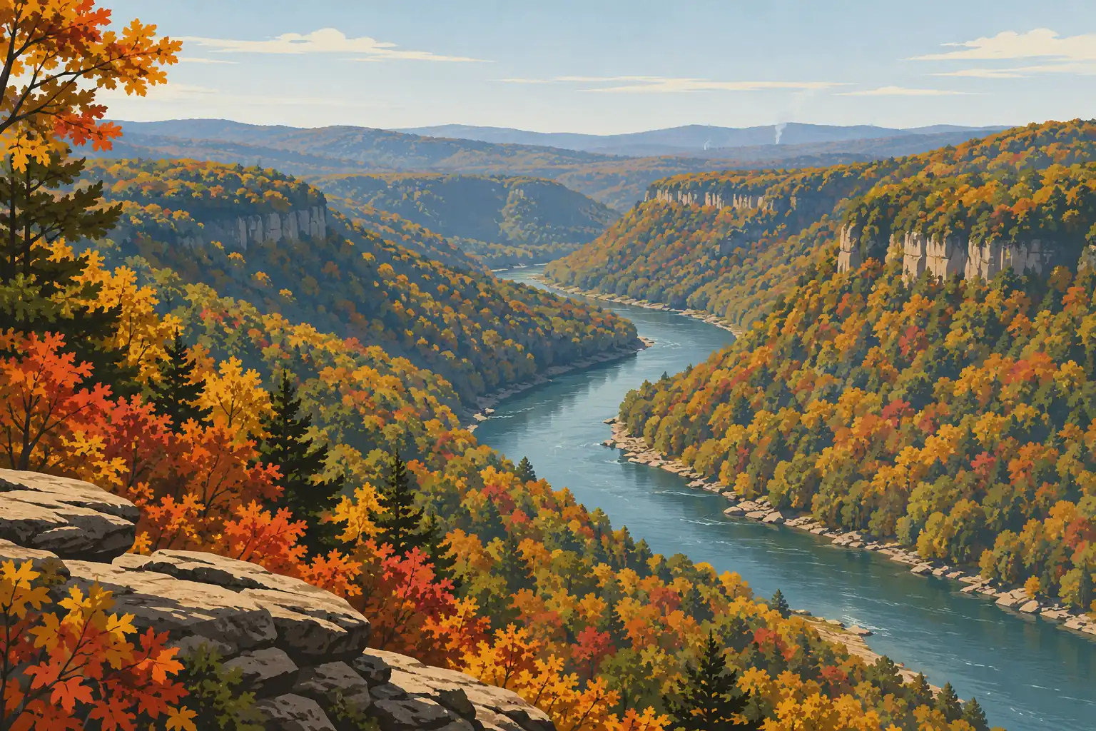Wide river winding through a forested gorge in autumn colors, bordered by rocky cliffs and distant hills