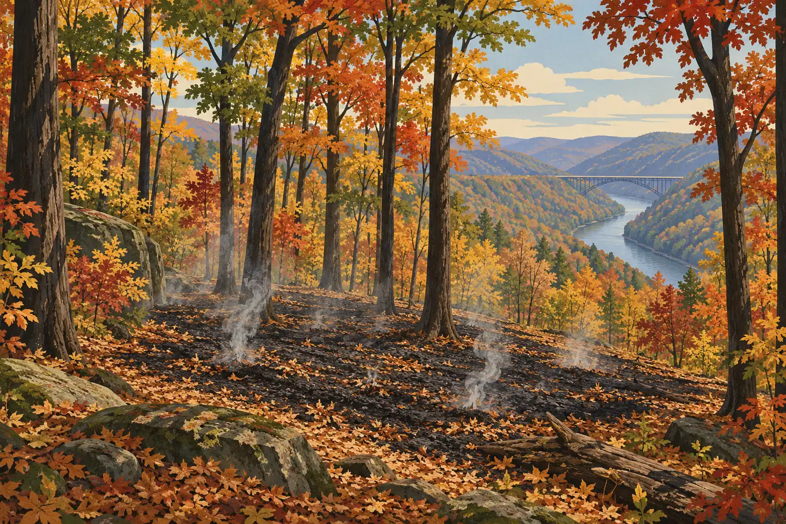 Autumn woodland with blackened, smoking ground overlooking a river winding between wooded hills and a large bridge