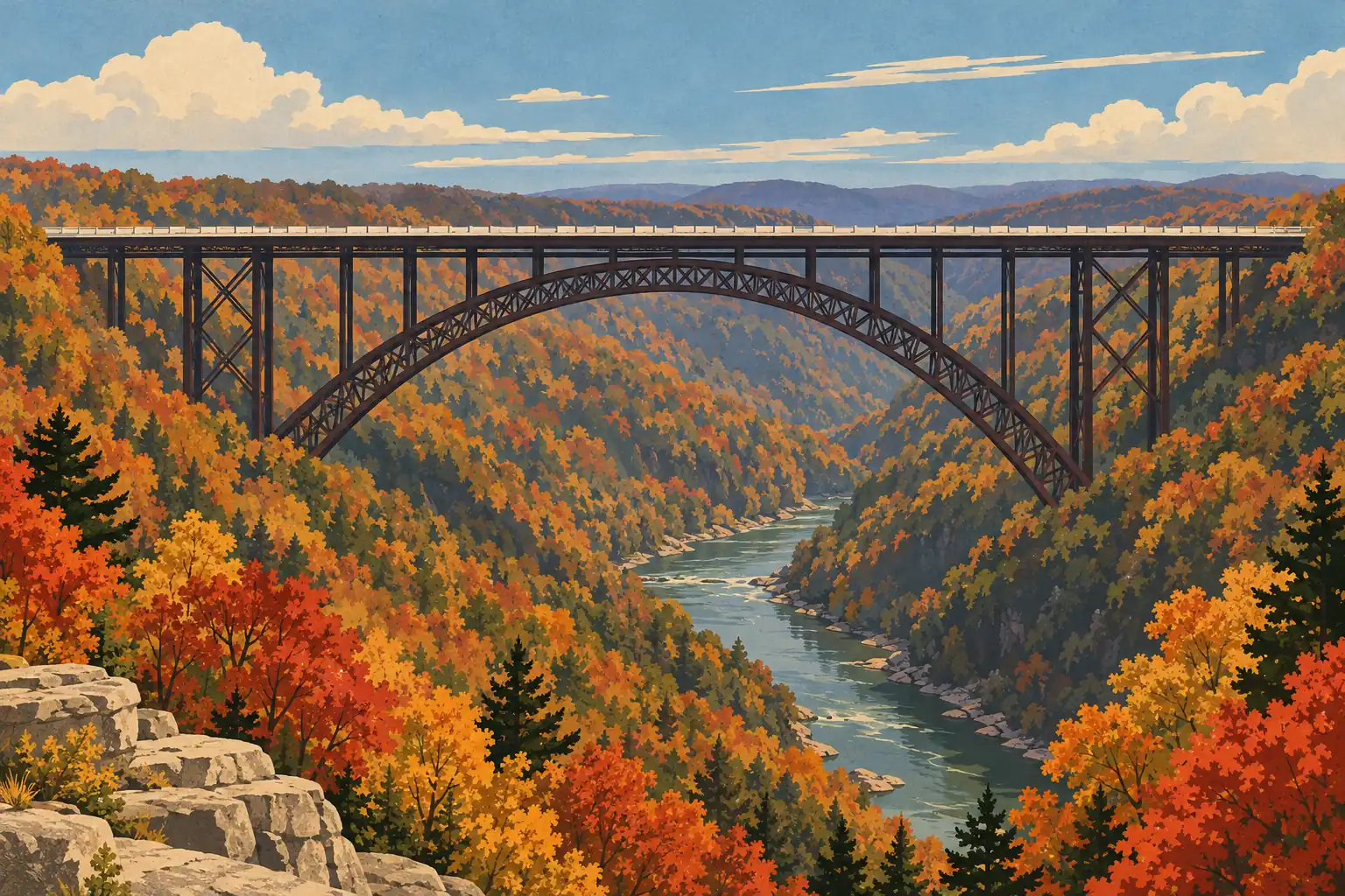 Grand pont en arc surplombant une gorge boisée aux couleurs d’automne, avec une rivière sinueuse entre les collines