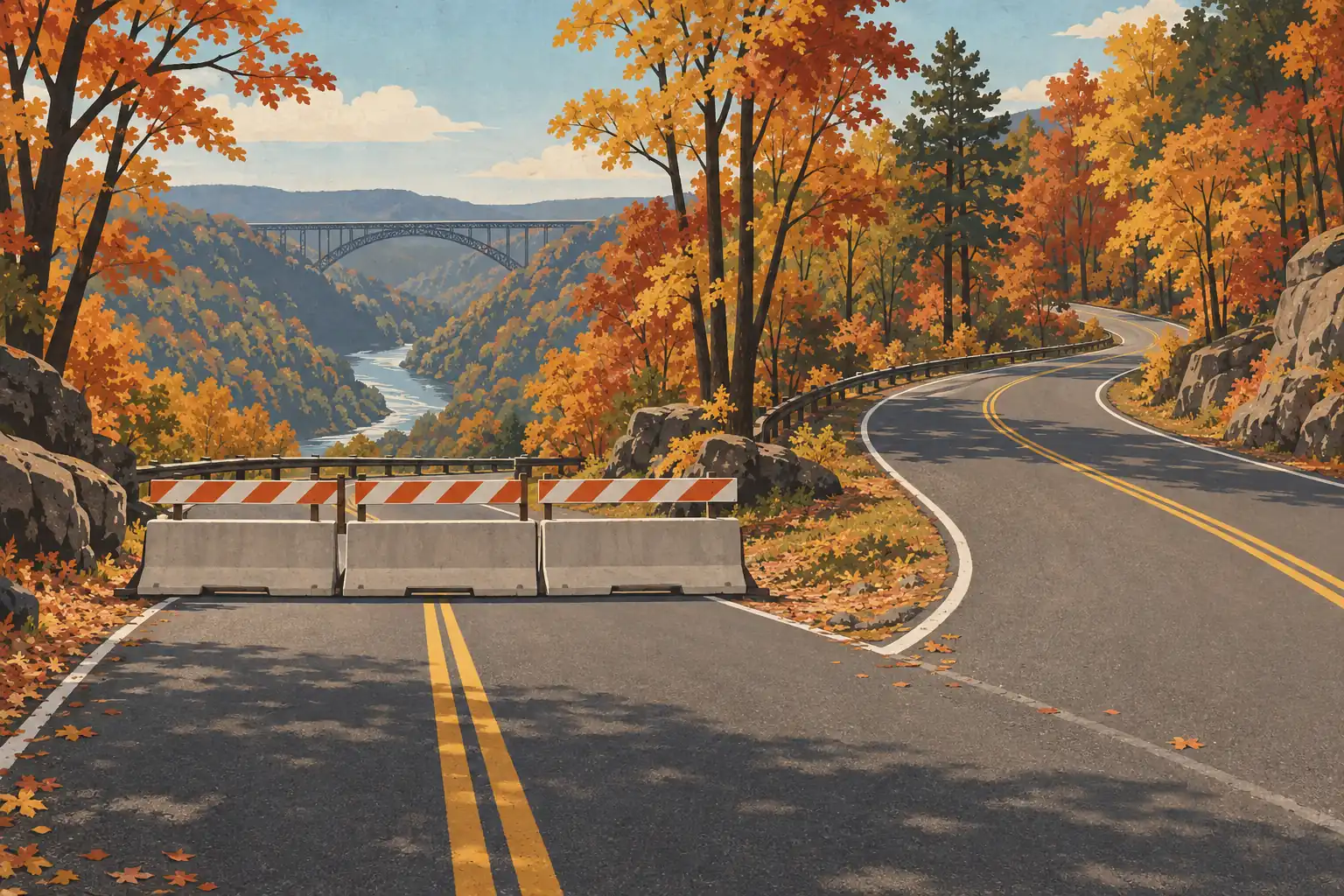 Des barrières ferment une route sinueuse bordée d’arbres automnaux, avec un pont et une rivière dans la gorge