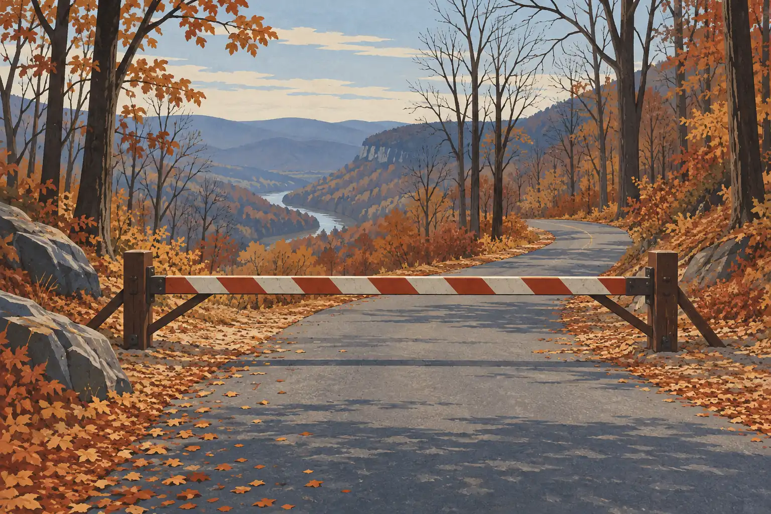 Une barrière ferme une route sinueuse dans une forêt aux couleurs d’automne, au-dessus d’une vallée traversée par une rivière