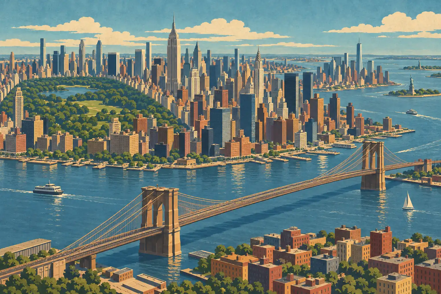 Panoramic view of Manhattan, Central Park, the East River and Brooklyn Bridge, with boats and the Statue of Liberty