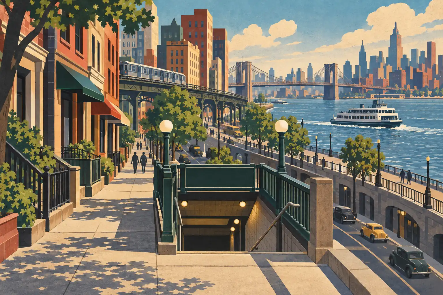 Tree-lined street with a subway entrance, elevated train, waterfront promenade, ferry, bridges and Manhattan skyline