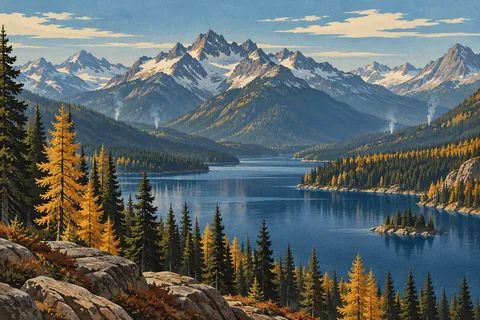Lake bordered by autumn-colored conifers, with snowcapped mountains beyond and several thin columns of smoke rising