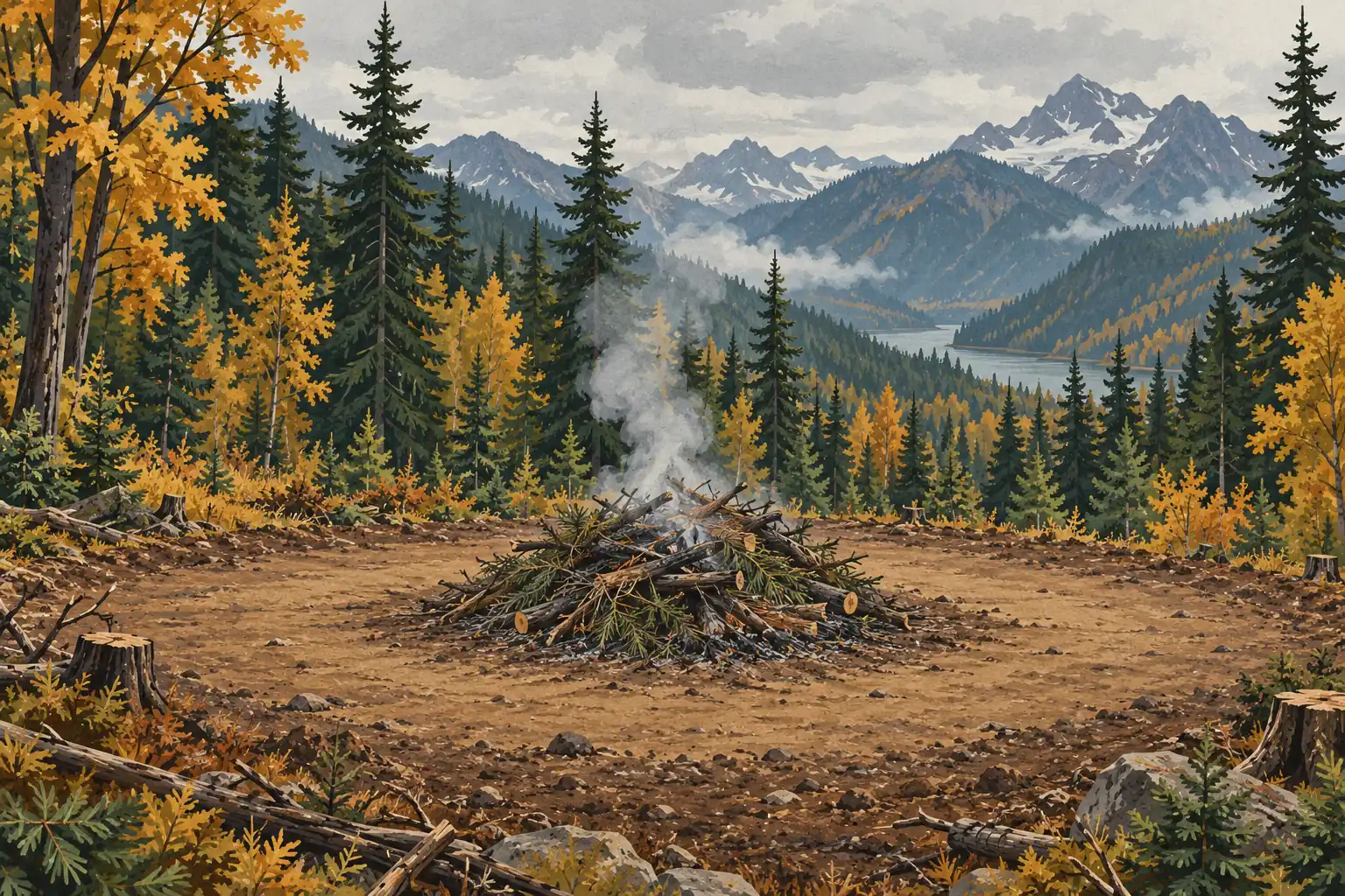 A smoking pile of branches burns in a clearing, with an autumn forest, a lake and snow-covered mountains beyond