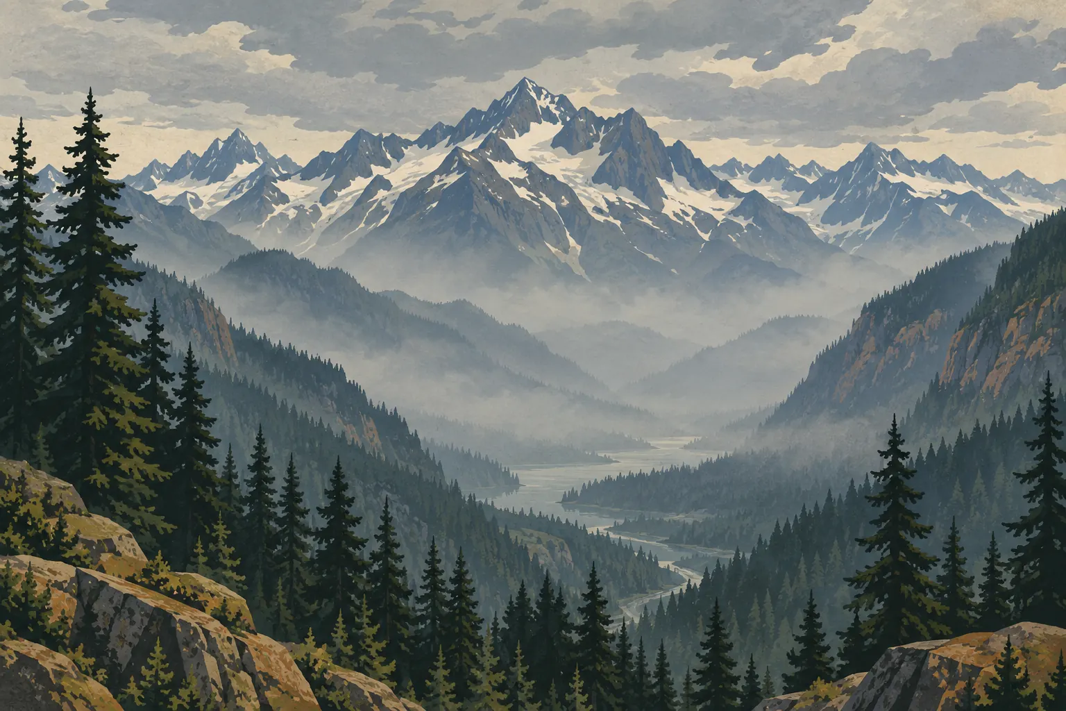 Misty valley covered in evergreen forest, with a winding river leading toward a broad range of snowcapped mountain peaks