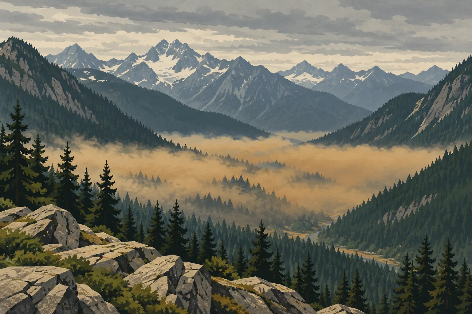 Fir trees and rocky slopes overlook a valley filled with golden mist beneath a range of snowcapped peaks