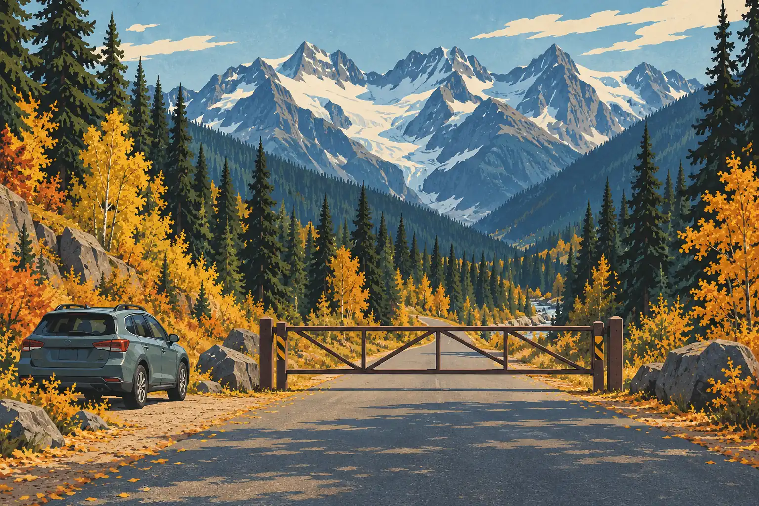 Eine Schranke sperrt eine Bergstraße, neben einem geparkten Auto zwischen Nadelbäumen und goldenem Herbstlaub vor schneebedeckten Gipfeln