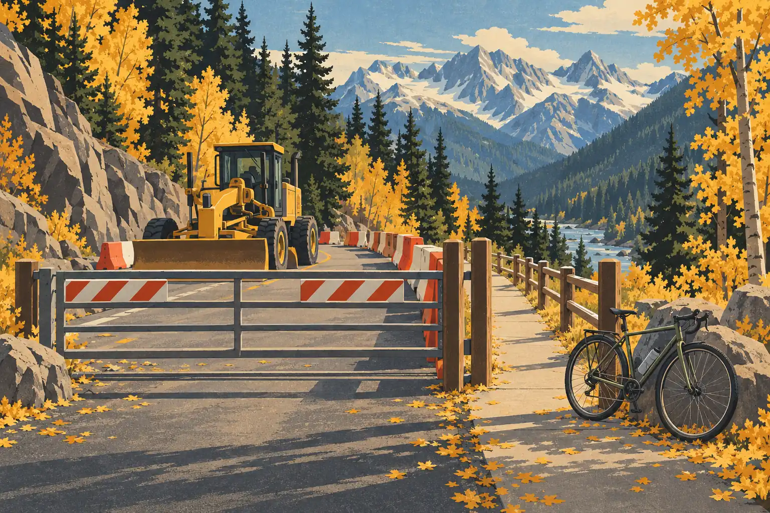Wegen Bauarbeiten gesperrte Bergstraße mit Planierraupe, Absperrungen, Fahrrad, gelben Bäumen und Schneebergen