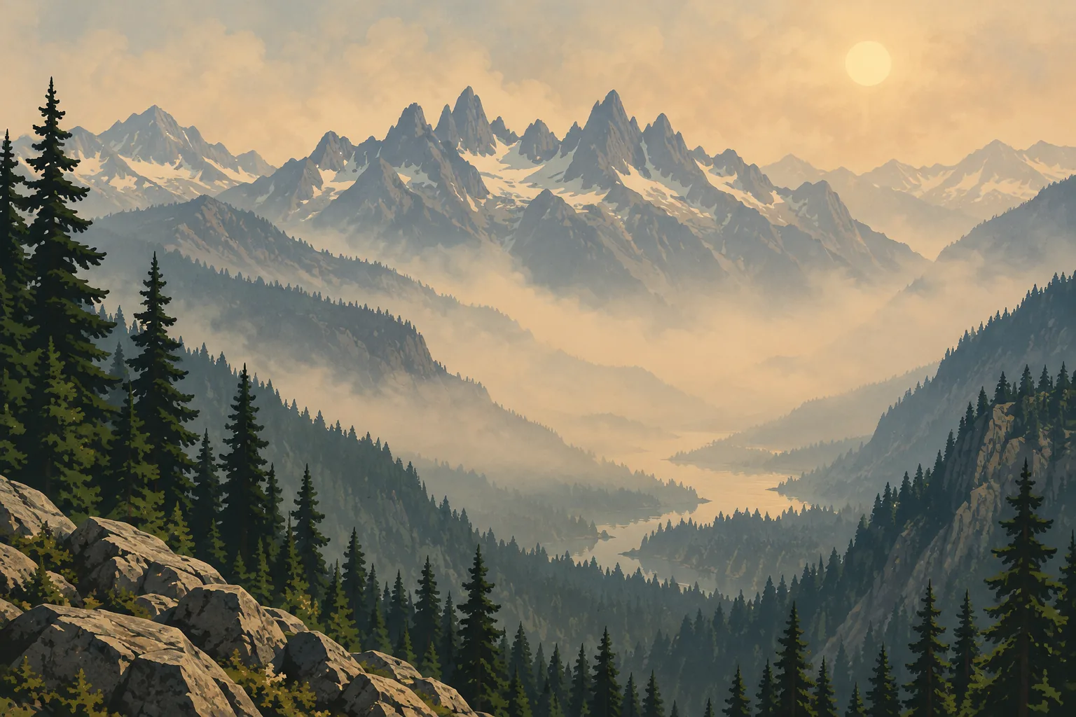 Forested valley in golden haze, with a winding lake, snow-streaked peaks, fir trees, rocky slopes and a veiled sun