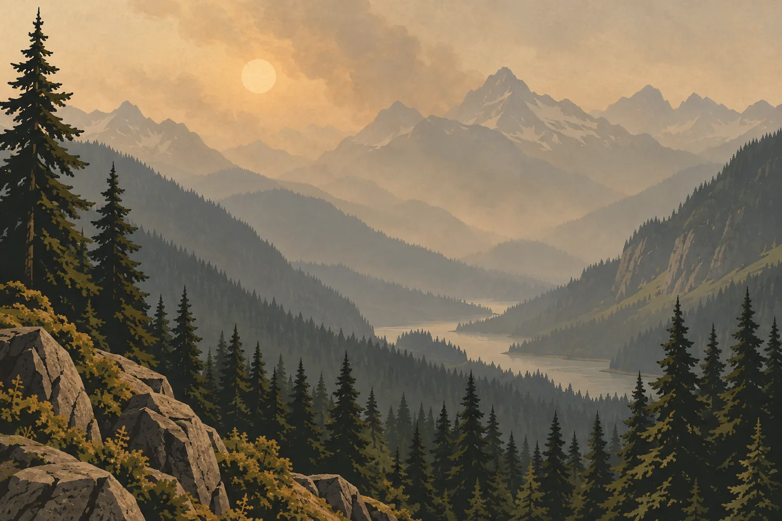 Forested valley with a winding lake, layered mountain peaks beneath an orange hazy sky, and dark pines and rocks in the foreground