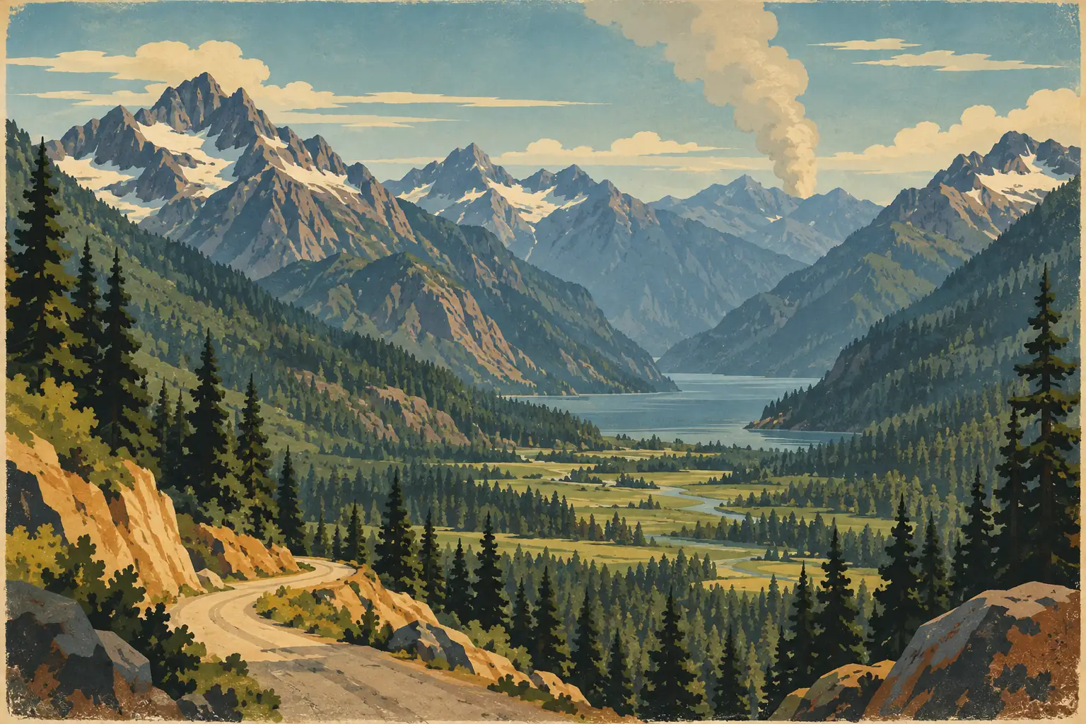 Forested valley beneath snowcapped peaks, with a lake, a winding road and a tall column of smoke rising in the distance