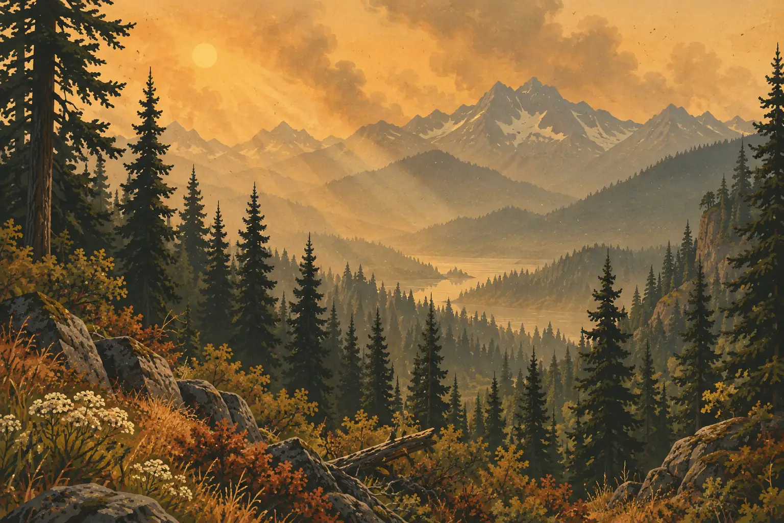 Forested mountain valley with a winding lake and rugged peaks beneath an orange sky, framed by rocks and wildflowers