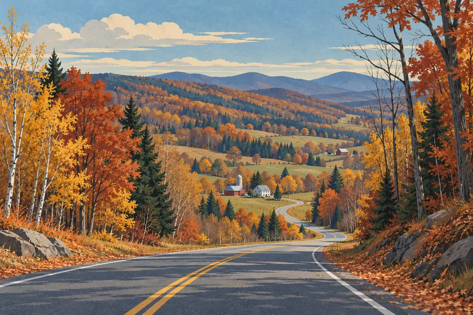 Une route sinueuse traverse une vallée aux arbres jaunes et orangés, avec des fermes et des montagnes au loin