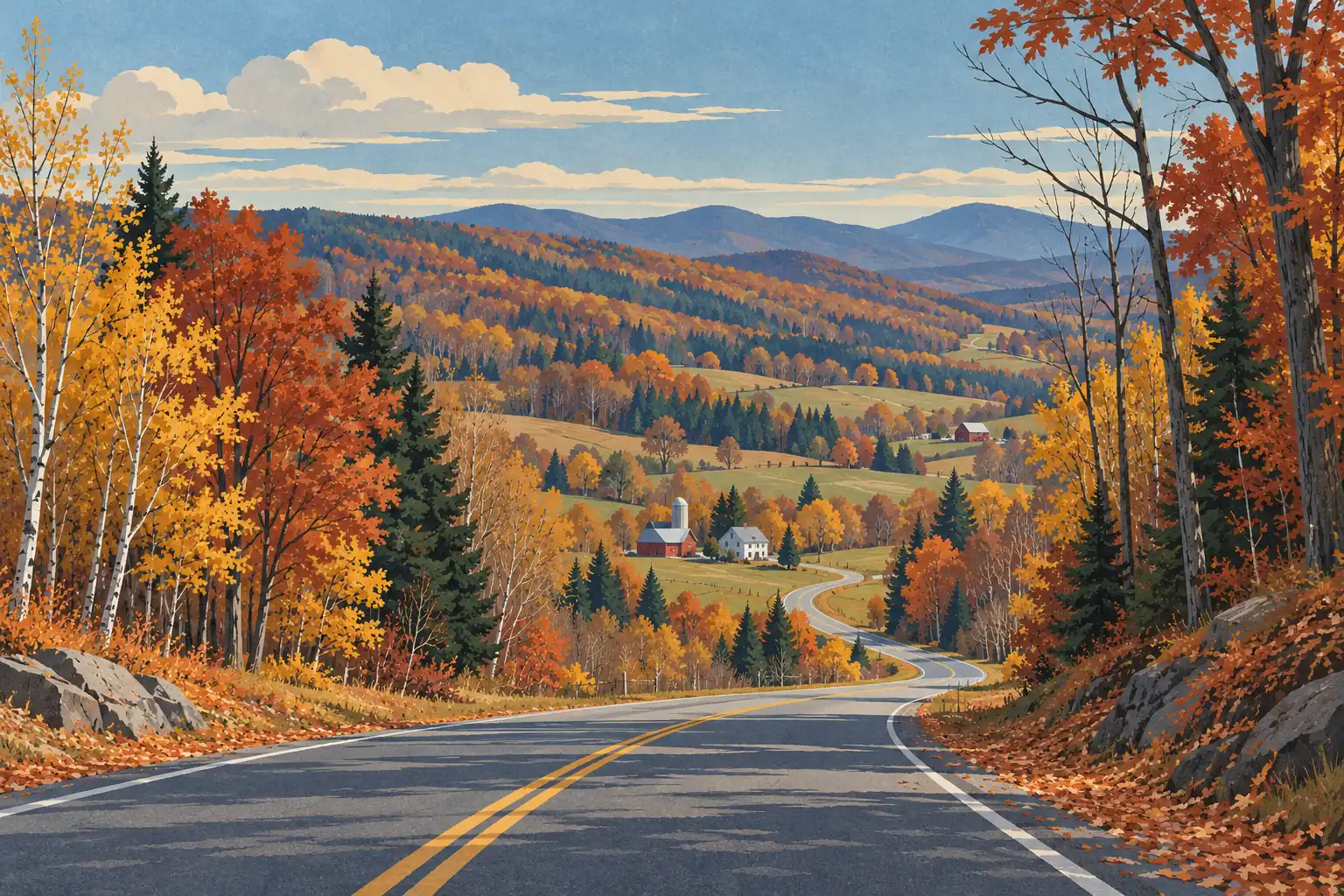 Une route sinueuse traverse une vallée aux arbres jaunes et orangés, avec des fermes et des montagnes au loin