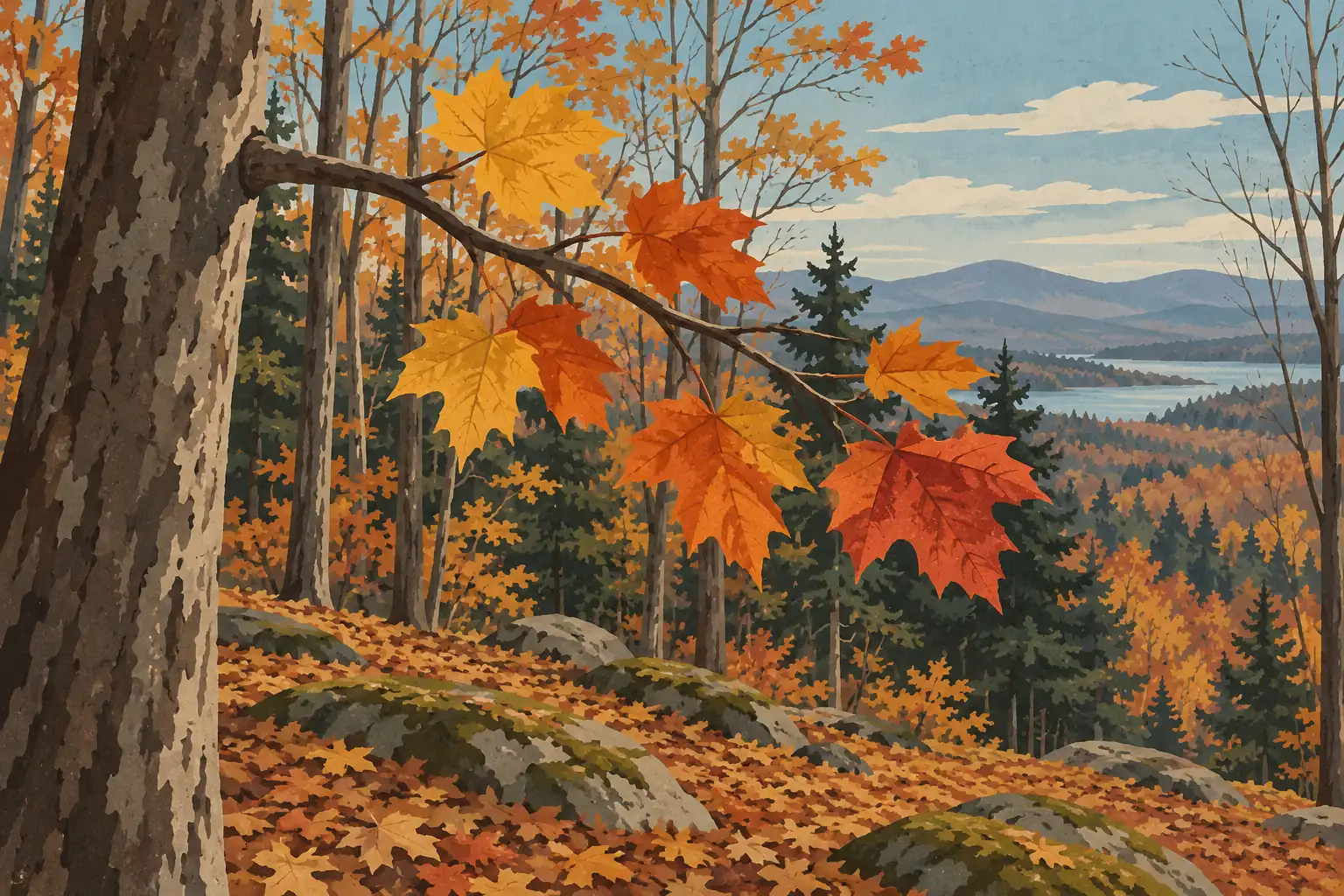 Une branche aux feuilles jaunes et rouges surplombe une forêt d’automne, avec des rochers, un lac et des montagnes au loin