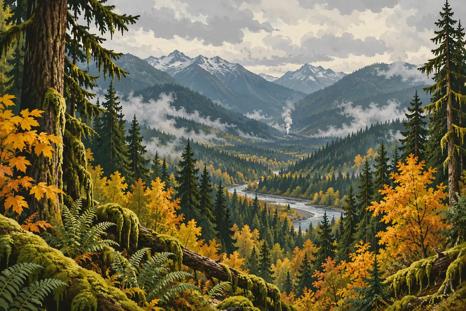 Forested valley in autumn colors, crossed by a winding river, beneath snowy mountains and several plumes of smoke
