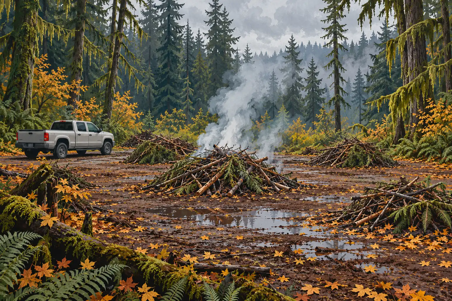 Several piles of branches smolder in a wet forest clearing beside a gray pickup truck and scattered autumn leaves