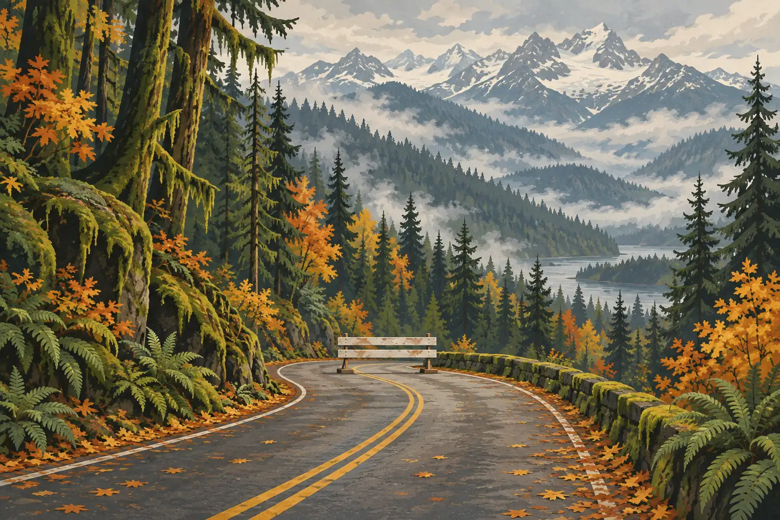 Winding road blocked in an autumn forest, overlooking a lake, wooded hills and snow-covered mountain peaks