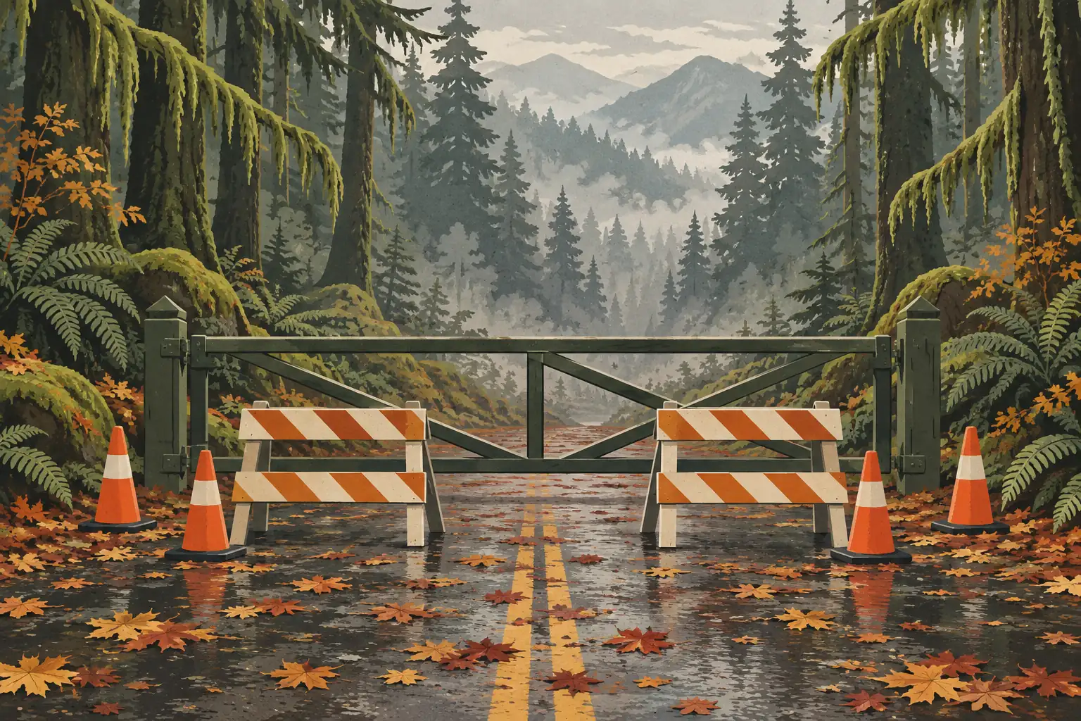 Wet road blocked by a gate, two barricades and four traffic cones, amid a forest with mountains in the distance