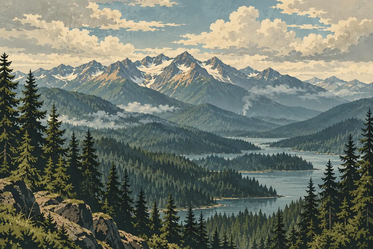 Chaîne de montagnes enneigées au-delà d’un lac sinueux, entouré de forêts de conifères, sous de grands nuages