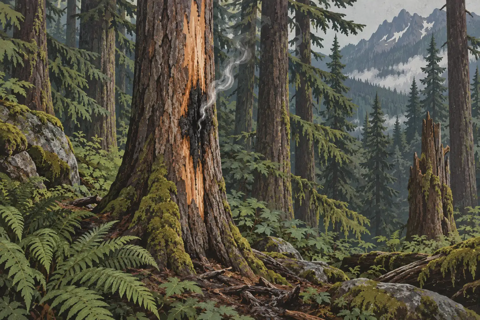 Un tronc de conifère noirci fume au milieu d’une forêt dense de fougères, avec des sommets enneigés au loin