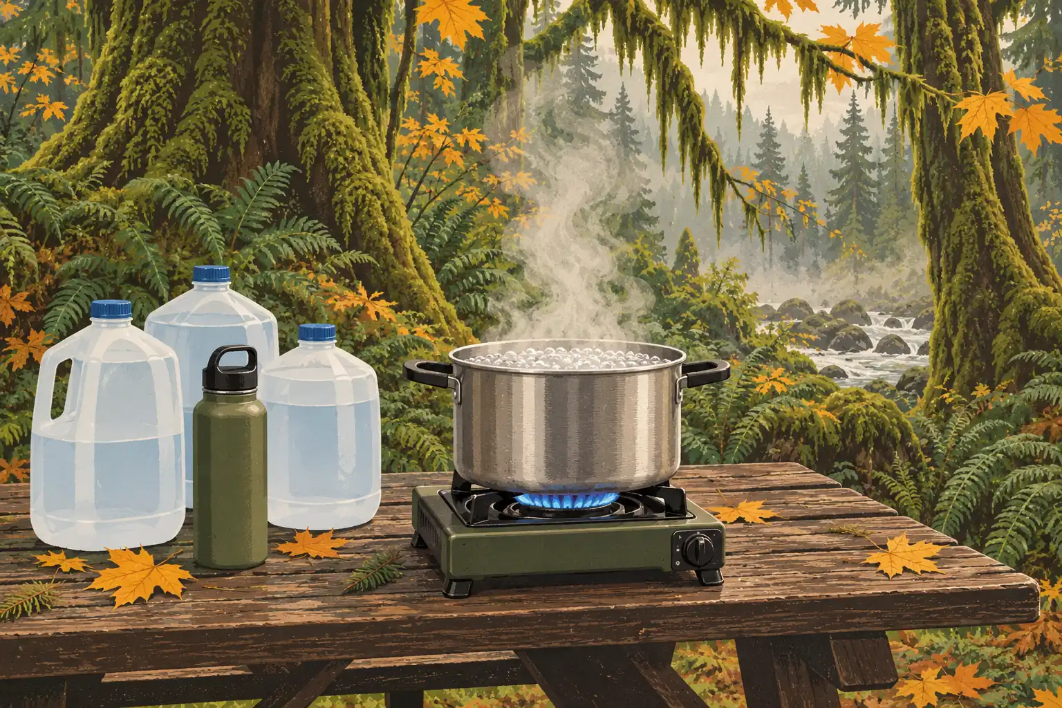Une casserole d’eau bout sur un réchaud de camping, entourée de bidons et d’une gourde sur une table en forêt