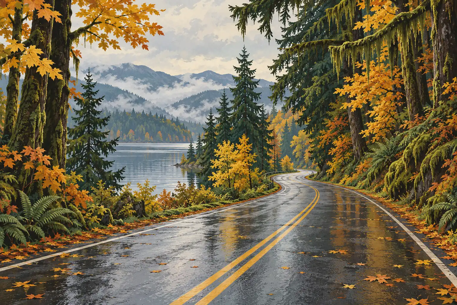 Wet road winding beside a lake through an autumn forest, with misty mountains rising in the distance