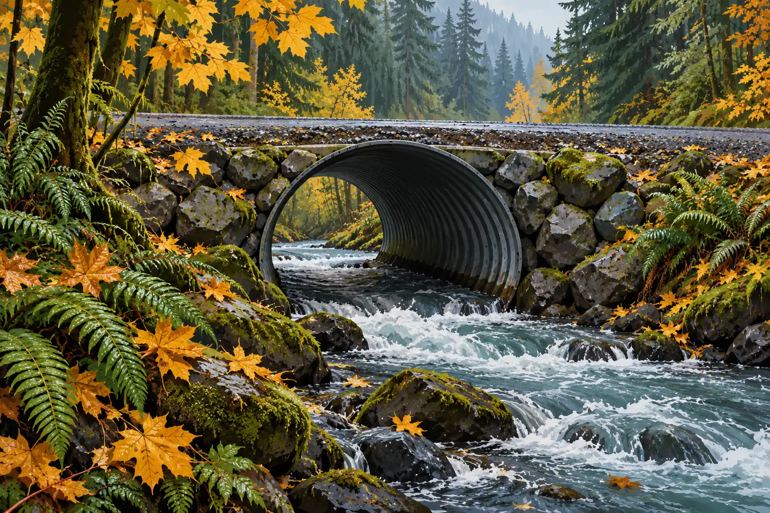 A rushing stream flows through a metal culvert beneath a road, surrounded by mossy rocks, ferns and autumn leaves