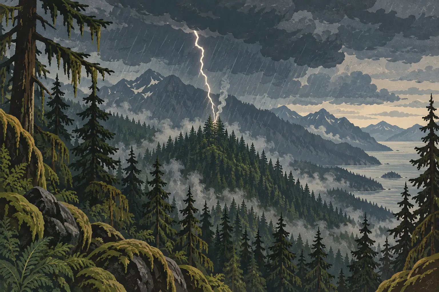 Lightning strikes a forested ridge during a rainstorm, with dark mountains and coastal waters in the distance