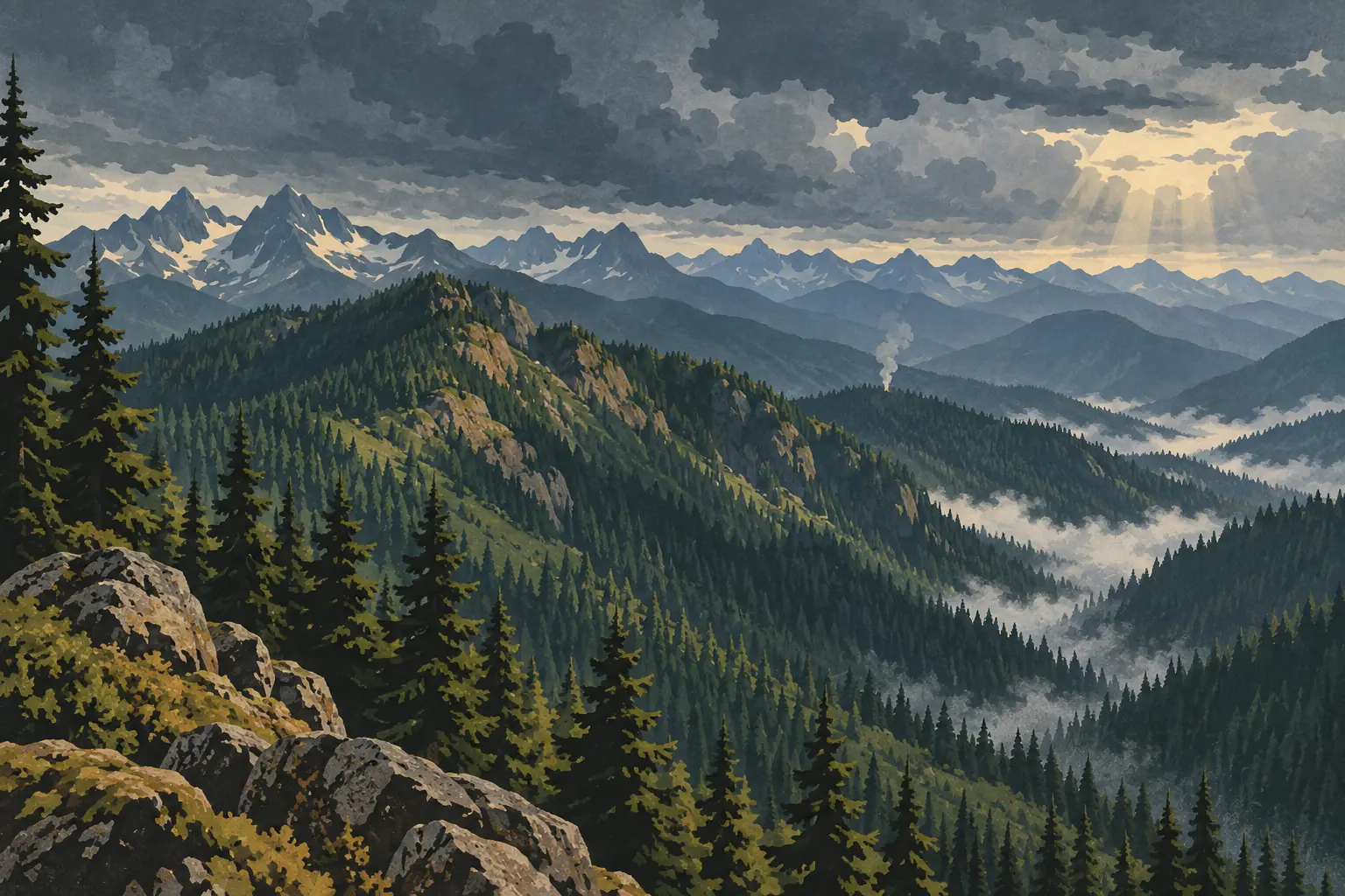 Conifer-covered mountain valleys beneath heavy clouds, with drifting mist, sunbeams and a plume of smoke in the distance