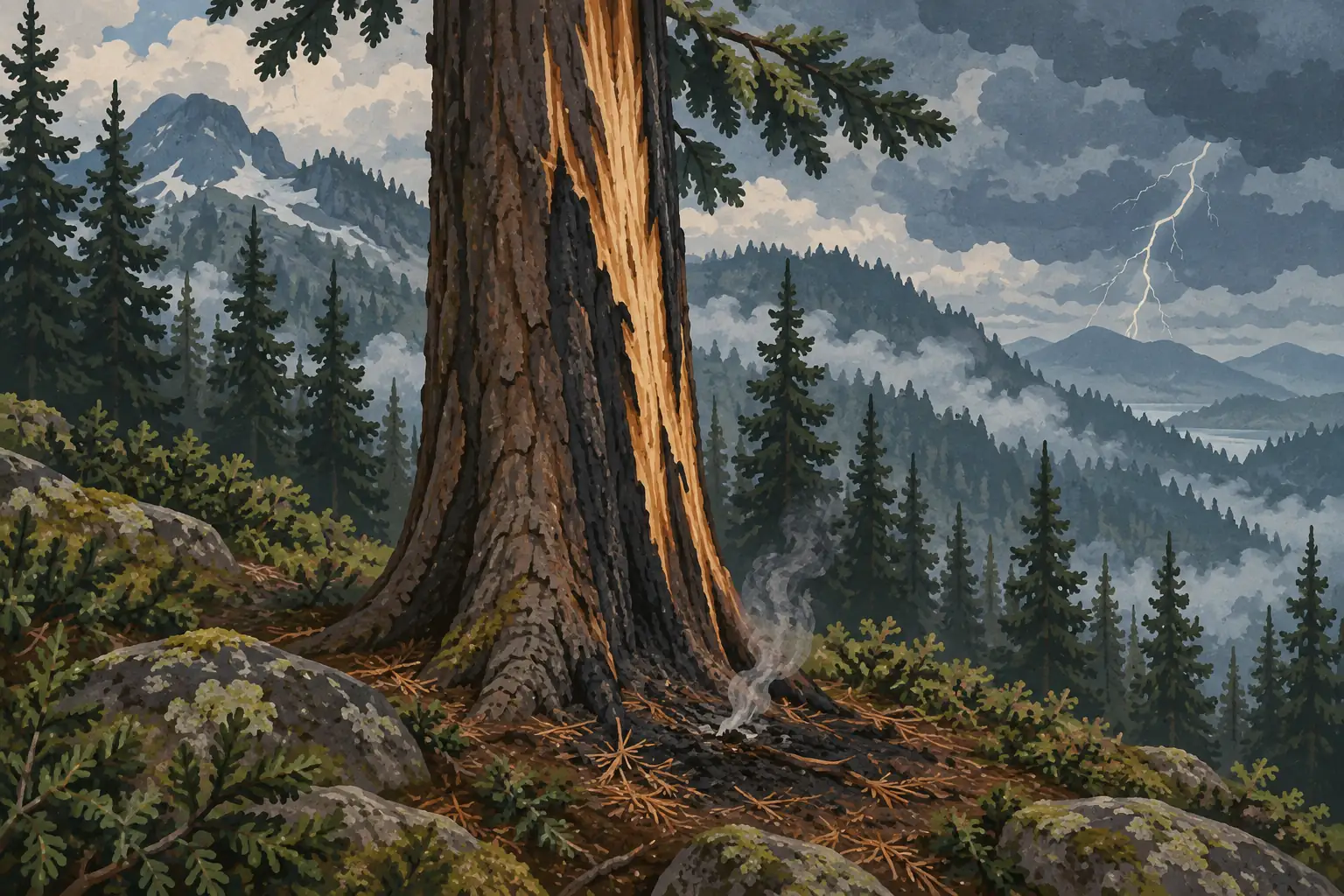 A tall conifer with a split trunk towers over a rocky forest slope, with smoke at its base and distant lightning