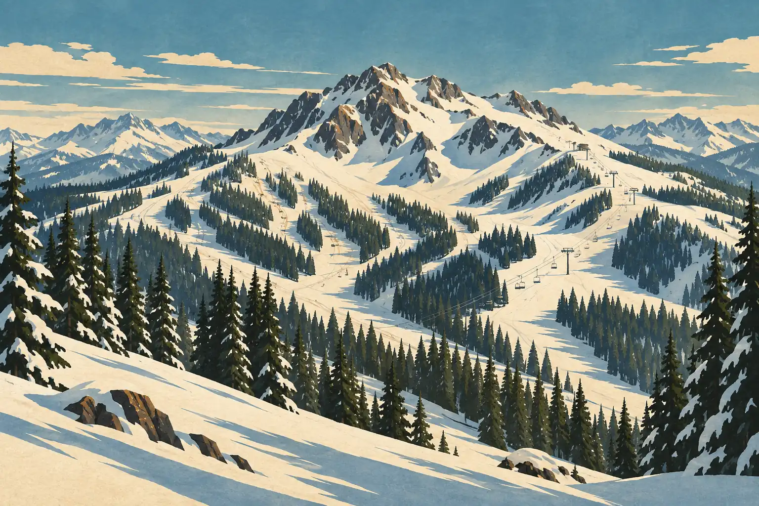 Weitläufiges verschneites Skigebiet zwischen schroffen Gipfeln und Tannenwäldern, mit Pisten, Sesselliften und Masten