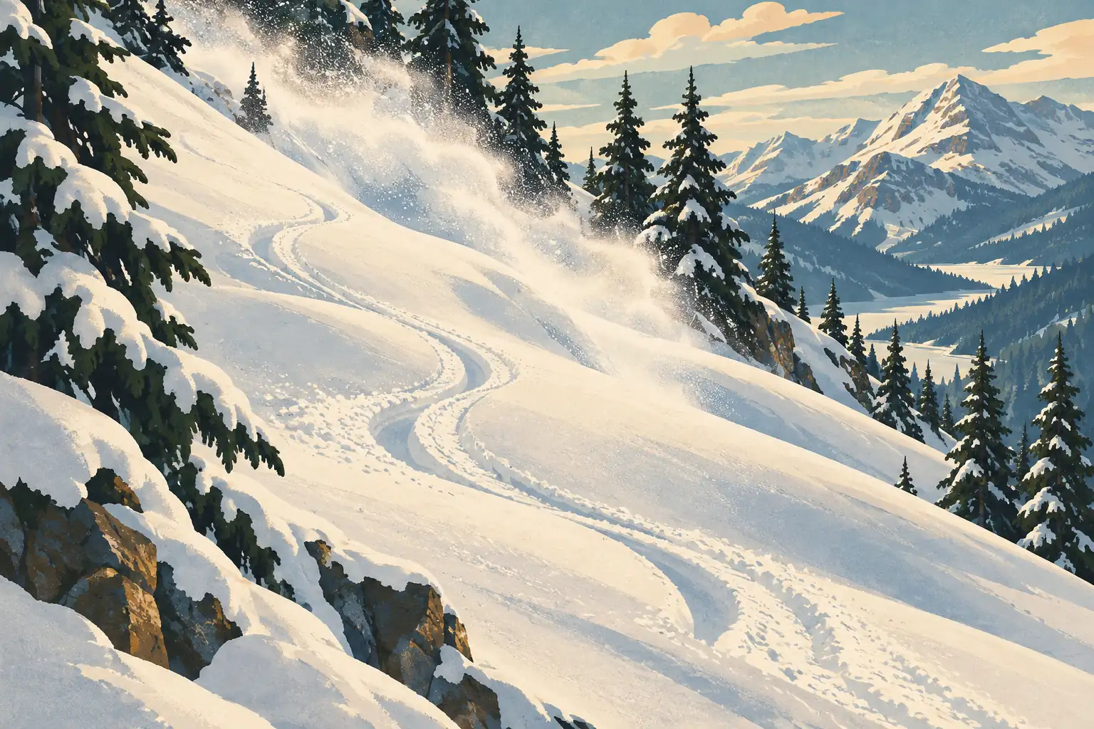 Verschneiter Hang mit Skispuren zwischen Tannen, dahinter hohe Berggipfel und ein See in der Ferne