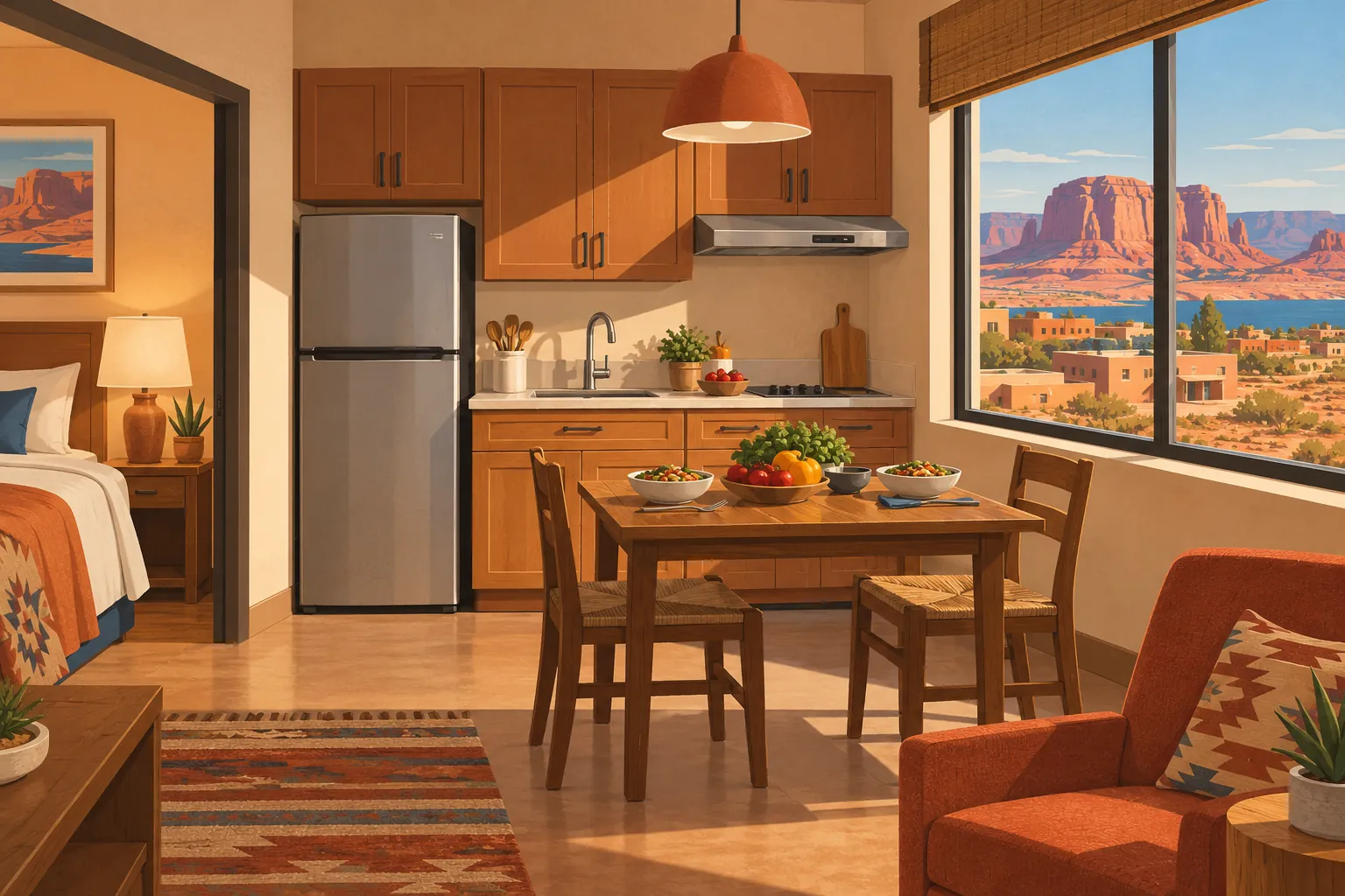 Coin cuisine avec table pour deux, chambre attenante et fauteuil orange, face à une fenêtre donnant sur un paysage désertique