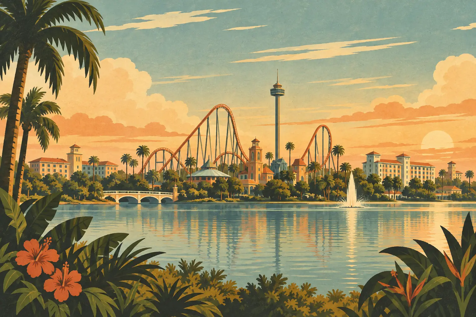 Florida amusement park with roller coasters, an observation tower, palm trees and a fountain beside a lake at sunset