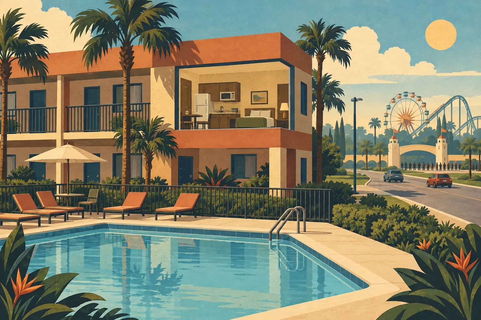 Pool beside a palm-lined hotel, with an open guest room and an amusement park entrance visible in the distance