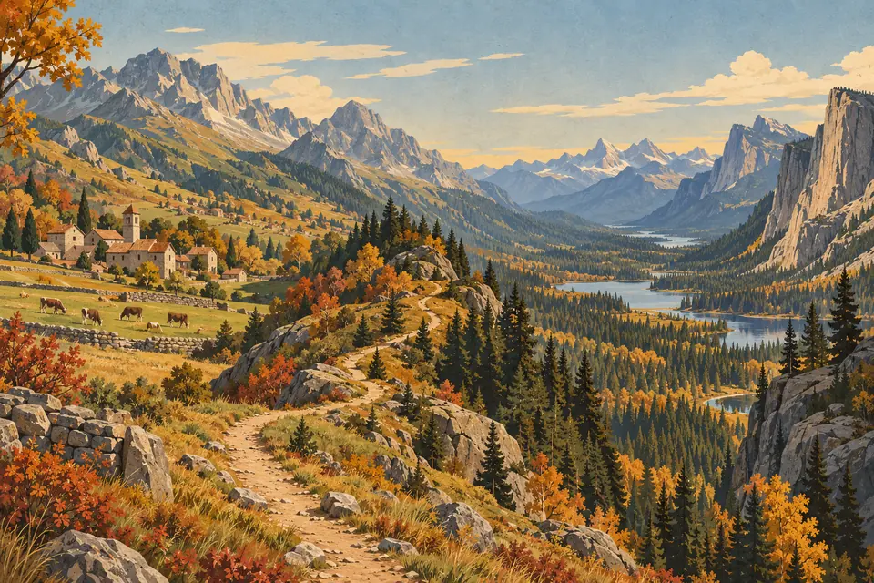 A rocky trail crosses an autumn valley with an alpine village, lakes, evergreen forests and towering mountain peaks