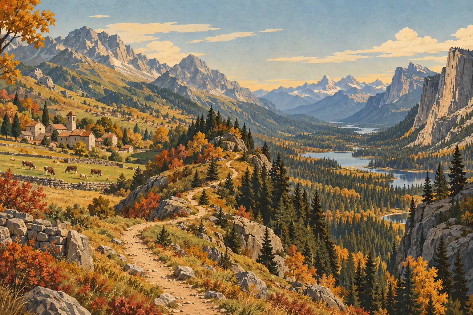 A rocky trail crosses an autumn valley with an alpine village, lakes, evergreen forests and towering mountain peaks